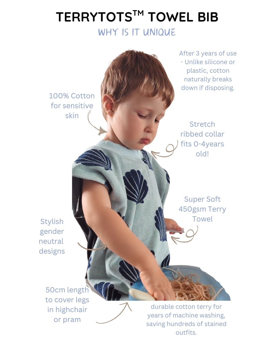 TERRYTOTS Seashells Towel Bib with BUTTONS