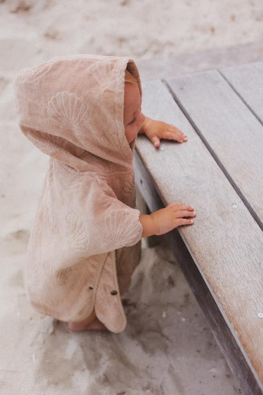 hooded beach towel full length towel bib best bibs baby toddler sustainable fashion smock cotton organic gender neutral beach waves shells