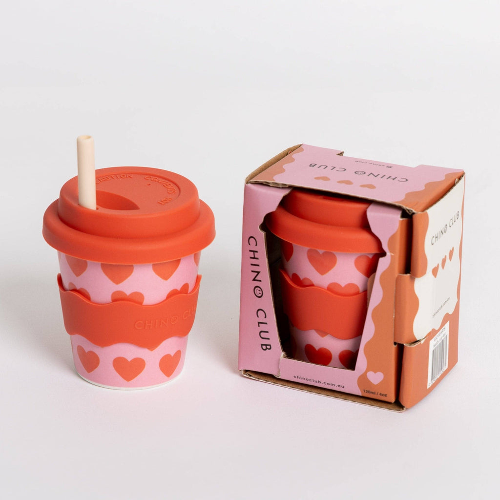 Looma Chino Club Babyccino Cup heart print, bamboo-based babychino cup with soft silicone lid