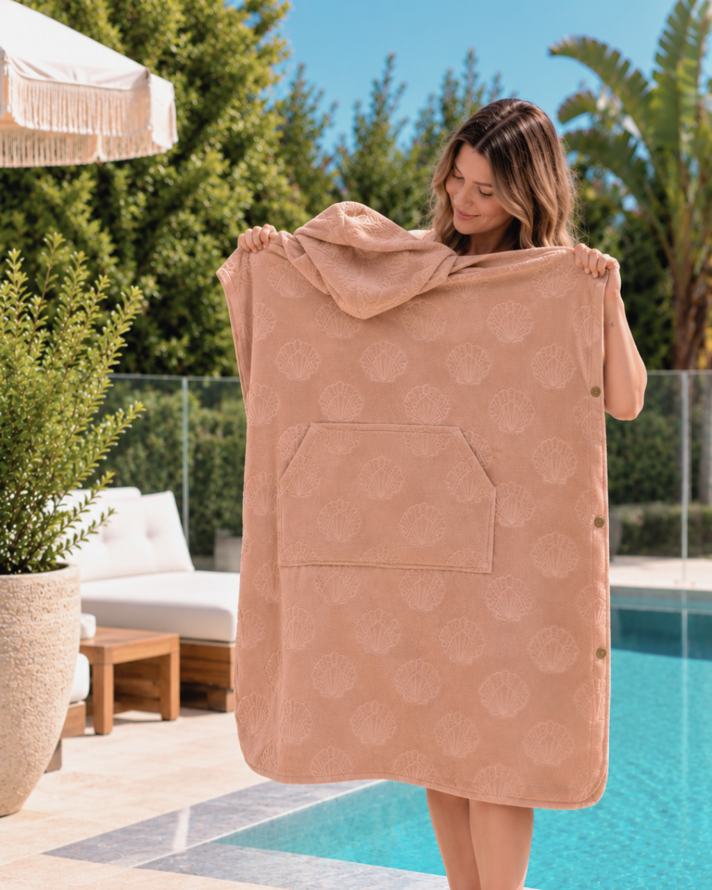 Hooded Towel Poncho ADULT (OSFM) - Beige Shell