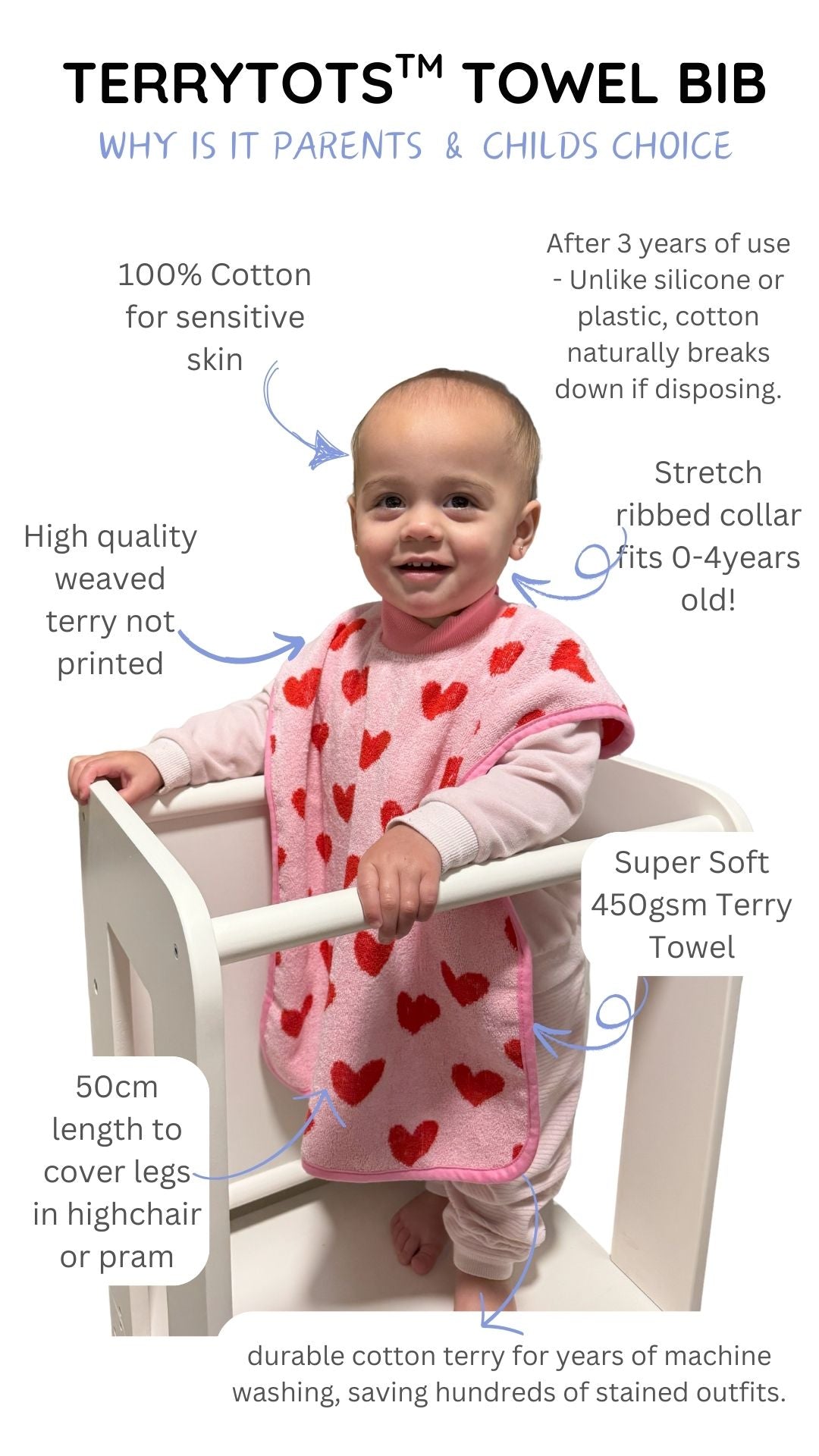 TERRYTOTS Hearts Towel Bib with Buttons